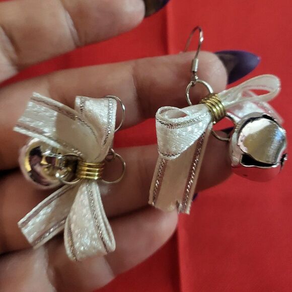 Silver Bow and Bell Hanging Earrings - Picture 2 of 3